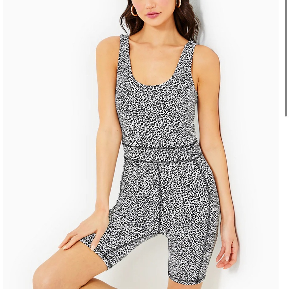 Lilly Pulitzer Black and White Leopard Print Romper, Everetta Jumpsuit UPF 50+